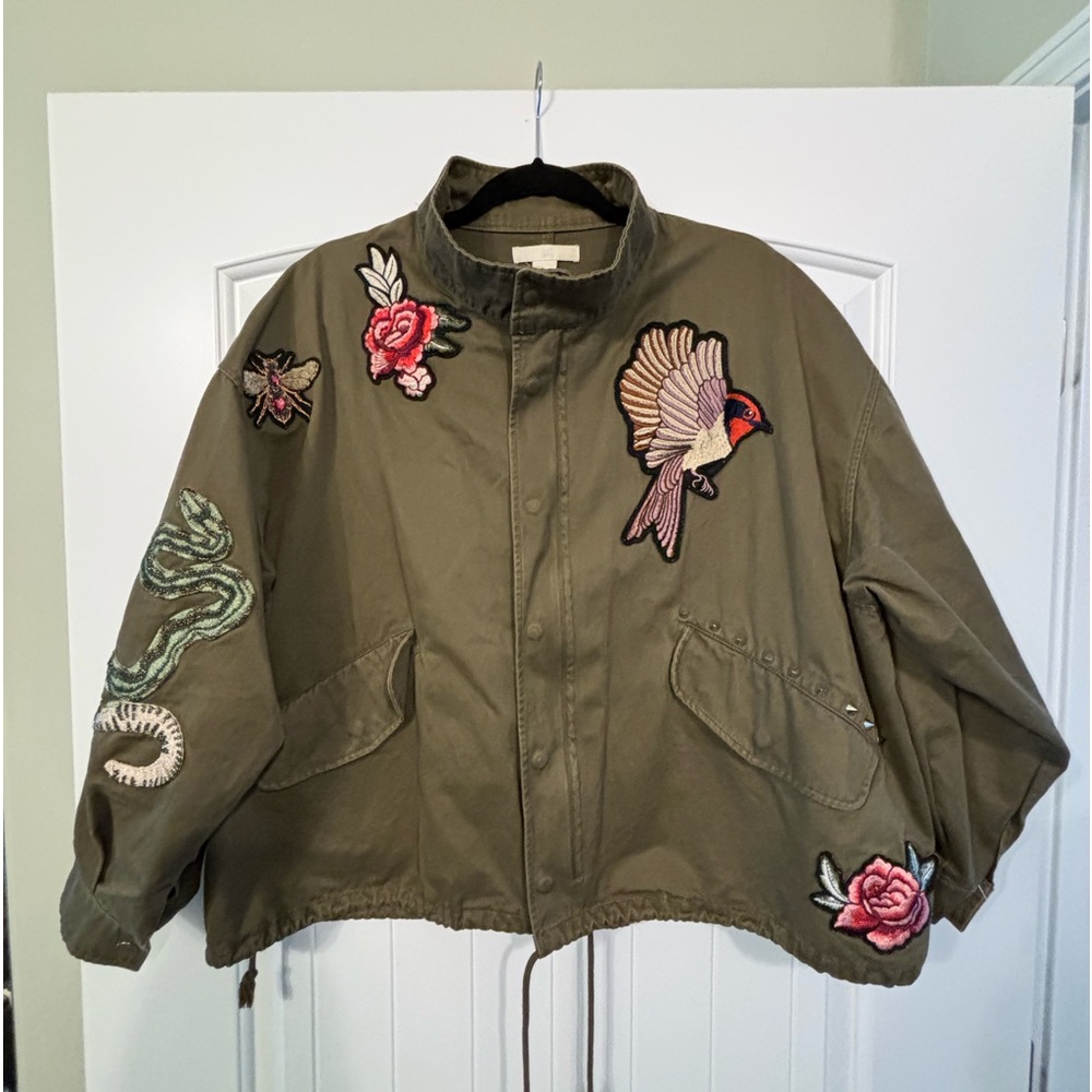 H&M Short Cargo Utility Canvas Jacket Embroidered Patches Studded Oversized SM